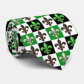 Cravate Vert Noir Blanc À damiers Fleur de lis Design (Roulé)
