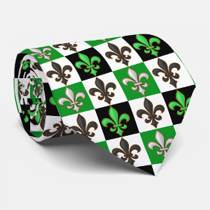 Cravate Vert Noir Blanc À damiers Fleur de lis Design