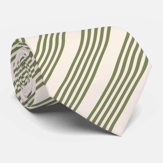 Cravate Vert olive et beige cinq rayures motif (Roulé)