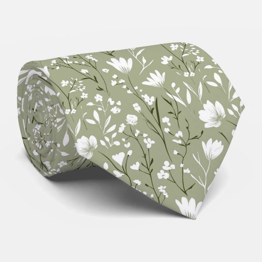 Cravate Vert sauge Blanc Fleurs Mariage Garçon d'honneur M (Roulé)