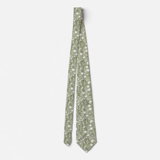 Cravate Vert sauge Blanc Fleurs Mariage Garçon d'honneur M (Dos)