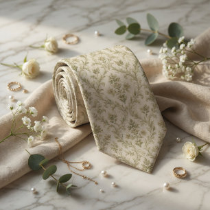 Cravate Vert sauge de luxe Toile de Jouy Floral Jacquard