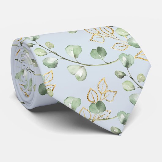 Cravate Vert sauge et eucalyptus doré Mariage bleu clair (Roulé)