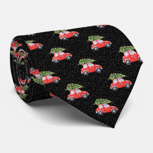 Cravate Vieux Car Rouge Noël Flocon Noir