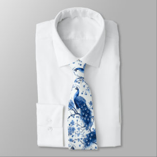 Cravate Vintage bleu français Chinoiserie Aquarelle Peacoc