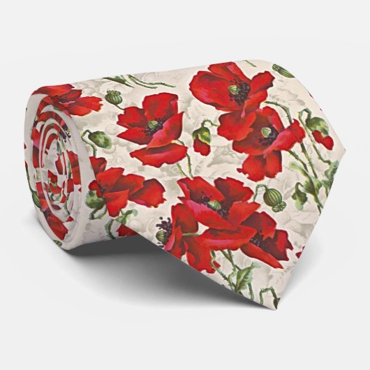 Cravate Vintage Pavot rouge motif floral (Roulé)