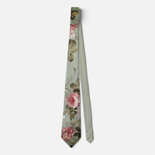 Cravate Vintage vert olive Dusty Design floral soyeux (Devant)
