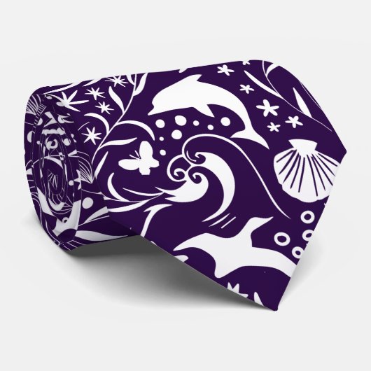 Cravate Violet blanc Motif Dolphin Wave Shell (Roulé)
