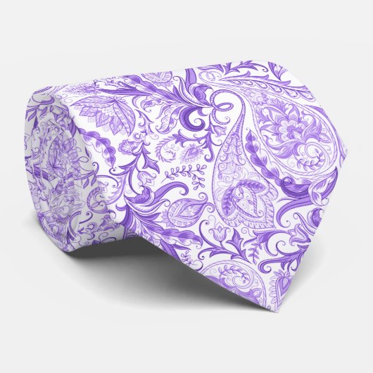 Cravate Violet foncé Blanc Floral Paisley Motif (Roulé)