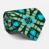 Cravate Vitraux aquarelle vert bleu printemps été (Roulé)