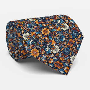 Cravate Vivid Blues, Orange & Blanc Floral Motif