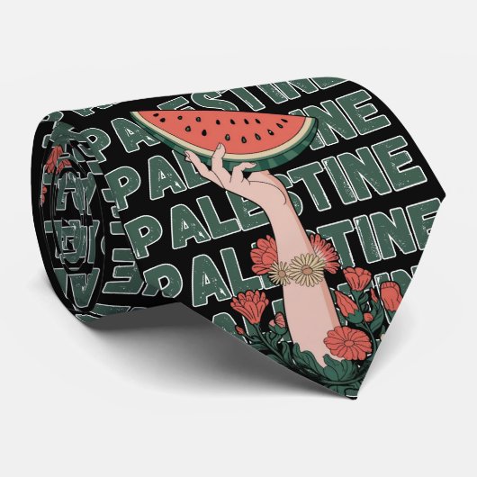 Cravate watermelon, flowers, and palestine text Repeat (Roulé)