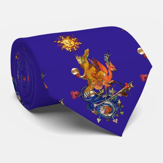 Cravate WEIRD MEDIEVAL BESTIARY,ALCHEMIST,RED DRAGON,Blue (Roulé)