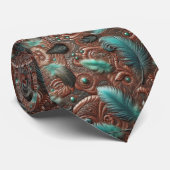 Cravate Western Brown Faux Leather Tooled with Feathers (Roulé)