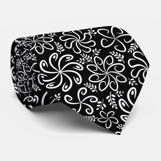 Cravate Whimsical Black White Spiral Flower Leafs Pattern (Roulé)