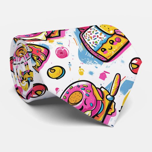 Cravate Whimsical Smiling Taco, Burger, Donut & Soda Food (Roulé)