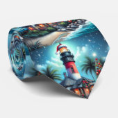 Cravate Whimsical Tropical Christmas Lighthouse Turquoise (Roulé)