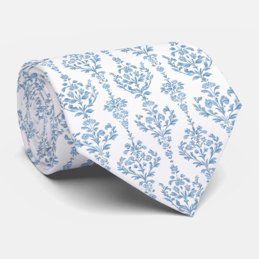 Cravate White blue floral pattern neck tie (Roulé)