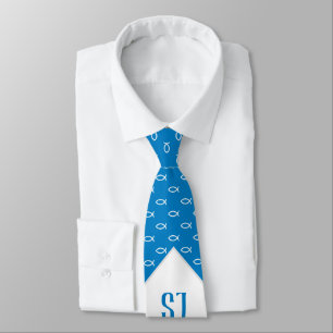 Cravate White Christian Fishes Initials Sky Blue
