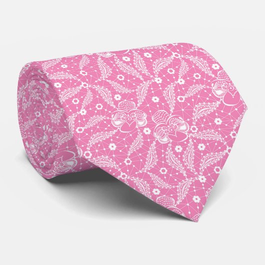 Cravate White floral lace on pink background  (Roulé)