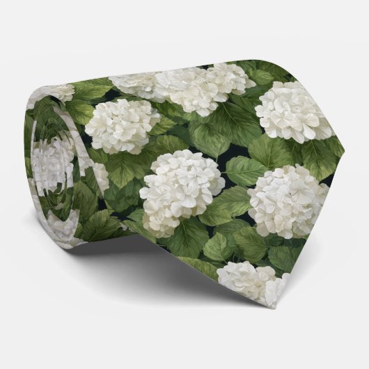Cravate White Hydrangea Flowers with Green Leaves Pattern (Roulé)
