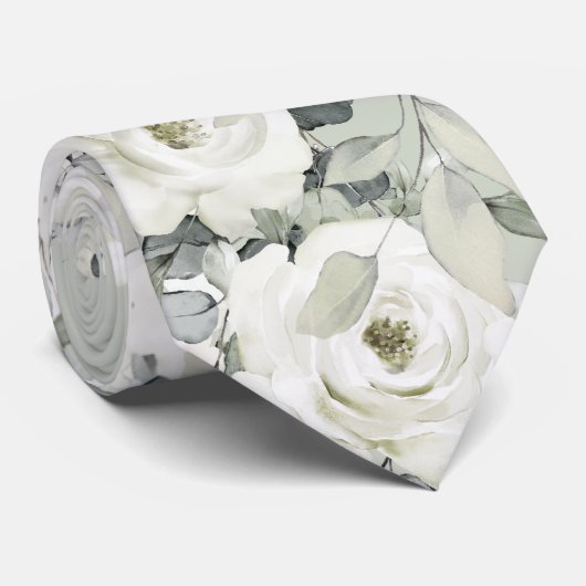 Cravate White Peony Silver Eucalyptus Mariage Sage Green (Roulé)