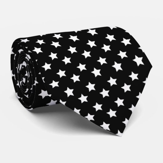 Cravate White Stars Pattern On Black Color Tie (Roulé)