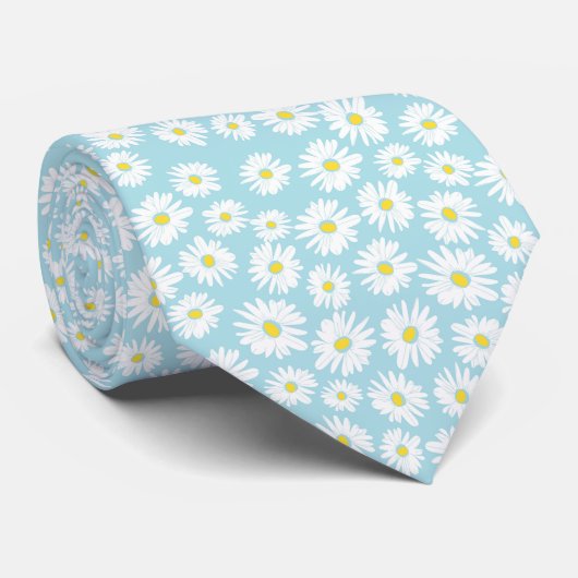 Cravate White yellow cyan daisy flower pattern (Roulé)