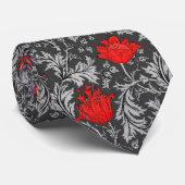 Cravate William Morris Anemone, gris / gris et rouge (Roulé)
