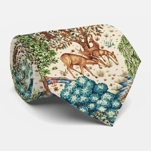 Cravate William Morris Deer par un Brook Beige et bleu (Roulé)