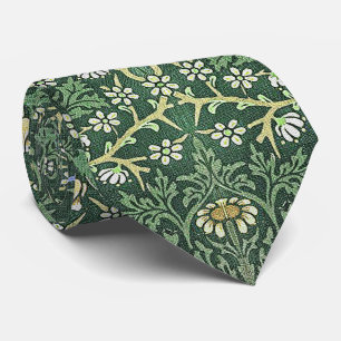 Cravate William Morris Green Floral Vintage White Daisies 