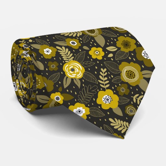 Cravate Yellow black elegant ditsy floral pattern (Roulé)