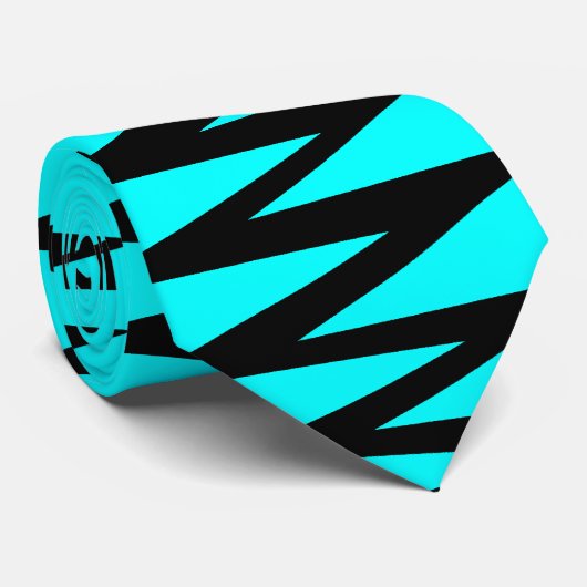 Cravate Zigzag - Noir sur Cyan 00FFFF (Roulé)