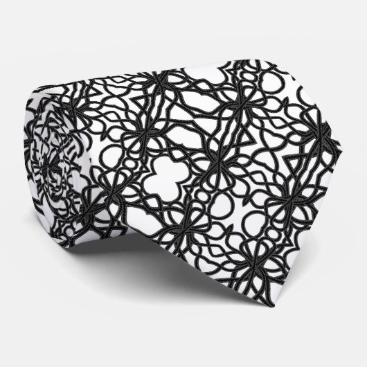Cravate Zip Tiret noir sur blanc courbe symétrique Motif (Roulé)