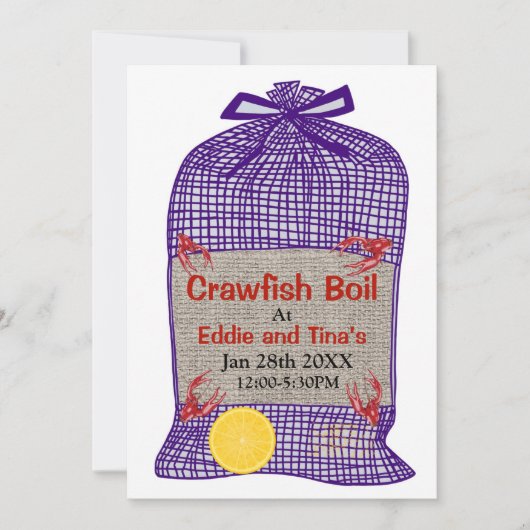 Crawfish Boil Paarse Sack Invitation Kaart (Voorkant)