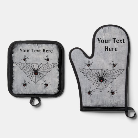 Crawling poisonous Black Widow Spiders Web White Ovenwant & Pannenlap Set (Voorkant)