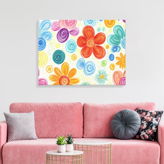 Crayon Doodle Daisy Design Canvas Afdruk (Insitu (Woonkamer))