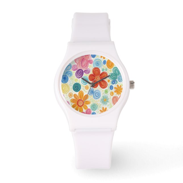 Crayon Doodle Daisy Design Horloge (Voorkant)
