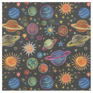 Crayon planeten en zon in de ruimte patroon stof
