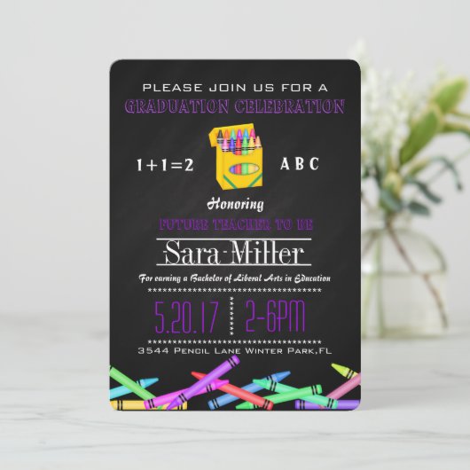 Crayon Teacher Afstuderen Invitation Kaart (Staand voorkant)