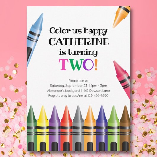 Crayon Turning Two Child's 2e verjaardag Uitnodigi Kaart