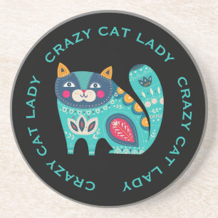 Crazy Cat Lady, Fun Stylized Cat op Black Zandsteen Onderzetter