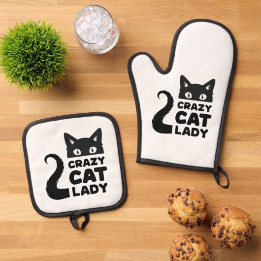 Crazy Cat Lady Oven Mitt & Pot Houders Ovenwant & Pannenlap Set (Top down)