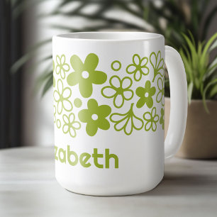 Crazy Daisy Pattern in Spring Green met naam Koffiemok