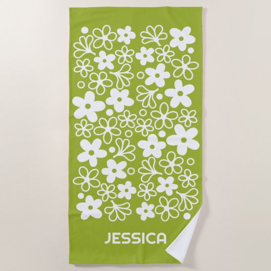 Crazy Daisy Pattern in Spring Green met naam Strandlaken (Voorkant)