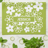 Crazy Daisy Pattern in Spring Green met naam Theedoek (Gevouwen)