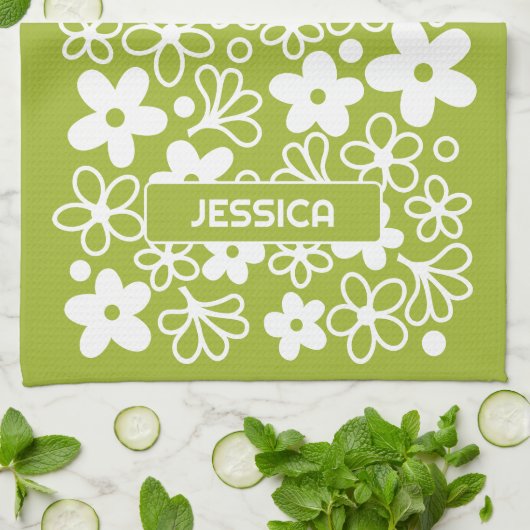 Crazy Daisy Pattern in Spring Green met naam Theedoek (Gevouwen)