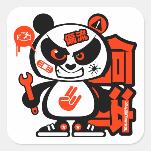 Crazy Drift Patrol - Agressive Panda (rood) Vierkante Sticker (Voorkant)