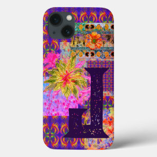 Crazy Floral Patchwork Colorful Paars Monogram iPhone 13 Hoesje