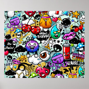 Crazy Fruits and Vegetables Graffiti Poster